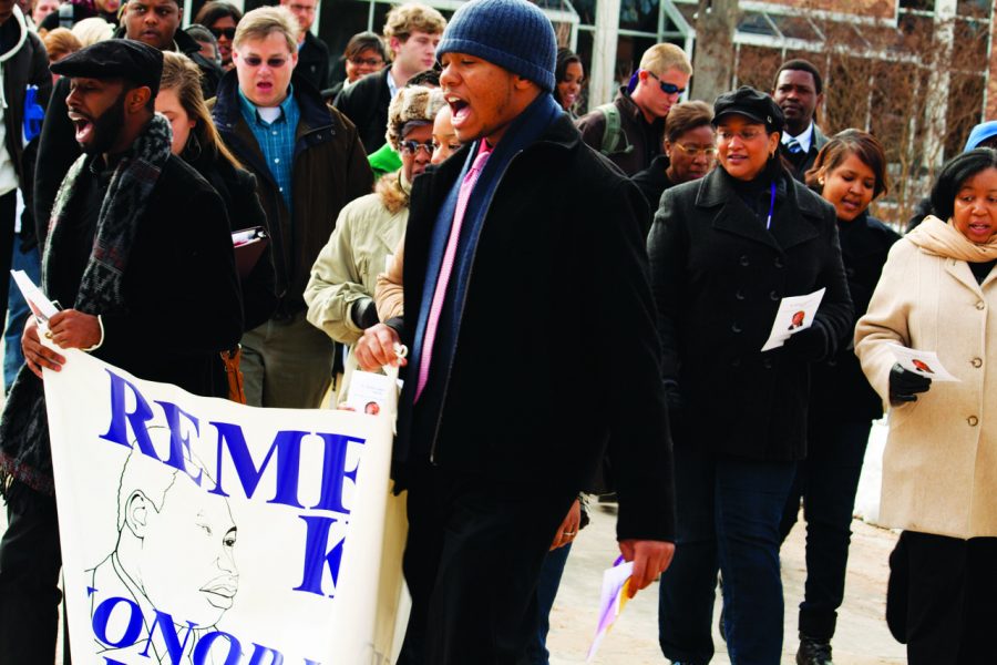 A DAY TO REMEMBER — Students and faculty gathered together last Friday to march in memory of Dr. Martin Luther King Jr.