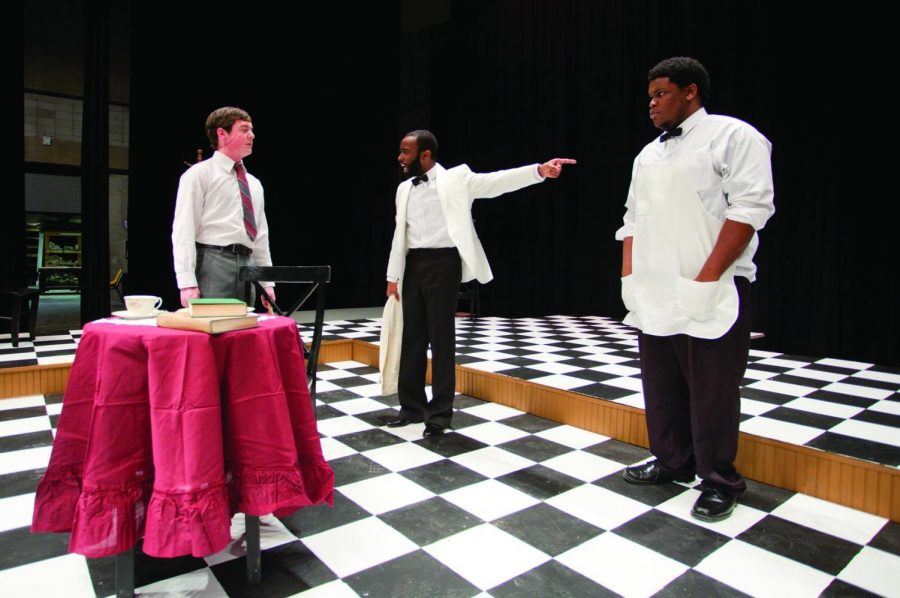 UNA students and actors (from left) Spencer Cantrell, Kelvin Jones and Michael Baldwin rehearse “Master Harold and the Boys,” which opens Thursday.