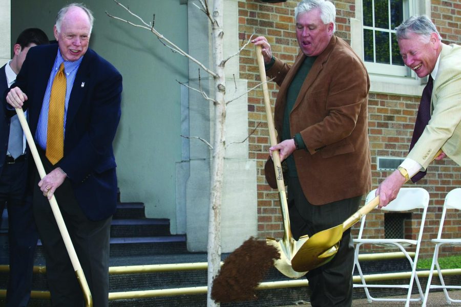 Dr. John Thornell, President Dr. William Cale and Dr. Vagn Hansen help plant a tree to commemorate the start of UNA’s First Amendment Month in April.
