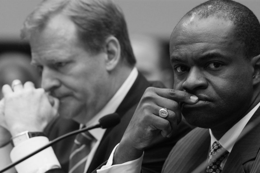 Former NFLPA Execuitve Director DeMaurice Smith looks on during a lobby meeting on Capitol Hill. NFL Commissioner Roger Goodell also sits and reflects during the meeting.
