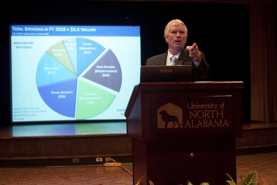 Rep. Mo Brooks, D-5, speaks to Shoals residents Aug. 11 at a
town hall meeting held in the GUC Performance Center at UNA.
