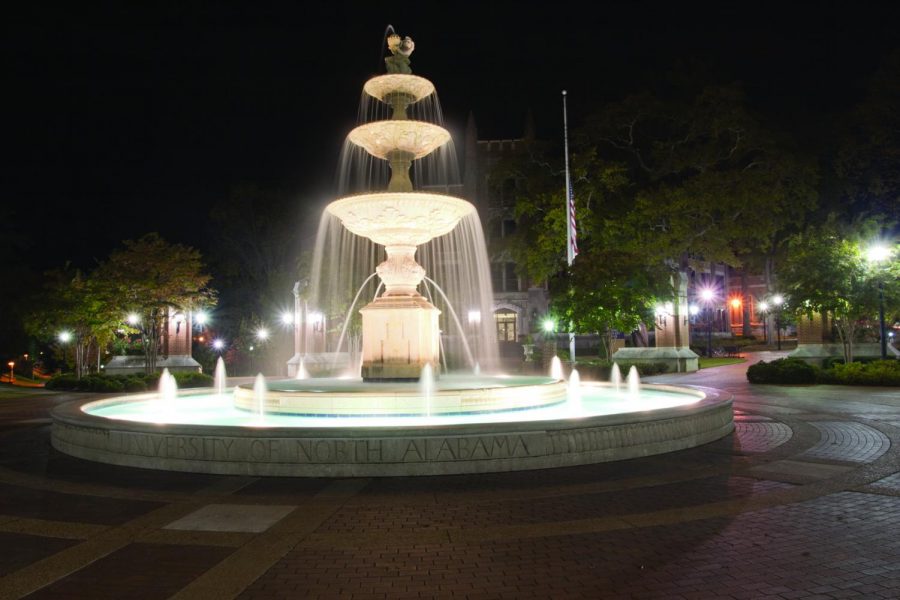 Harrison Plaza at night is lit up with many sources of light.
According to some UNA community members, too much lighting could
lead to light pollution on campus, which carries a wide array of
problems.
