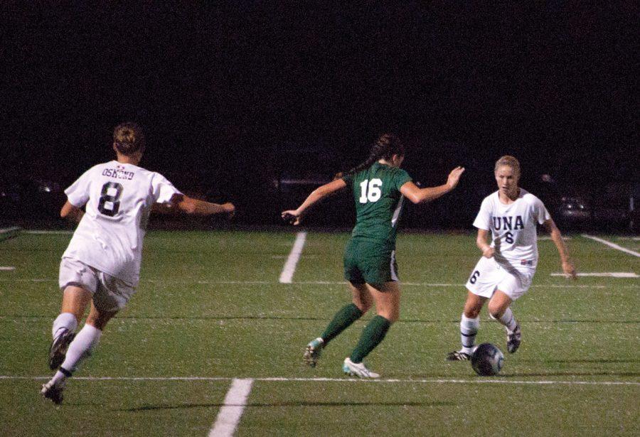 Senior midfielder Hollie Loud races the ball down field against
Delta State. Lions went on to win that game 1-0.
