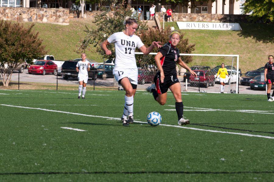 Junior midfielder Nikki Brown pushes the ball down the field
against Valdosta State earlier this season. The Lions soccer team
got a big win against West Florida over the weekend, giving the
Lions at least a share of the conference title.
