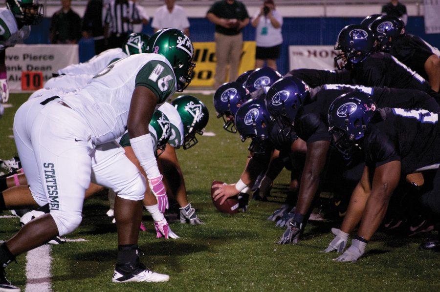  The Lions football team prepares to run a play on the goal line
against Delta State last Thursday. Plays like these involve head on
collisions where concussions can be very common.
