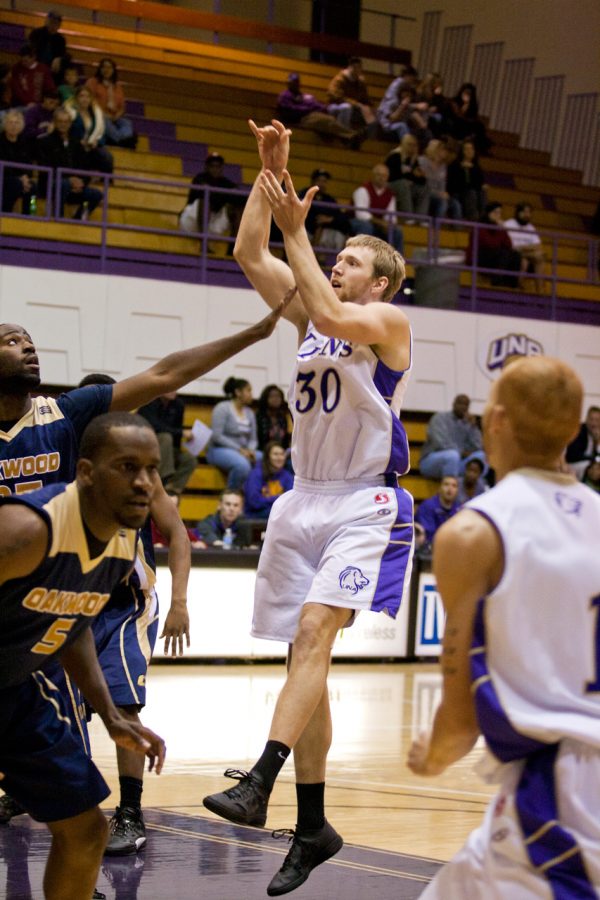 Brantley Claunch, #30, takes a shot during the UNA v Oakwood
game at Flowers Hall Nov 17, 2011.
