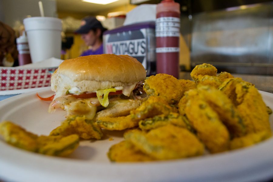 Montagus, located on North Pine Street, offers cheap sandwiches and fried side dishes, such as pickles.
