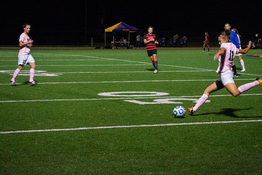 Chloe Richards takes a swing and a miss at the Union goal during the Lions’ Oct. 5 Pink Game. The team went on to win 3-1 with goals from Jennifer Osmond and Jo Chubb.
