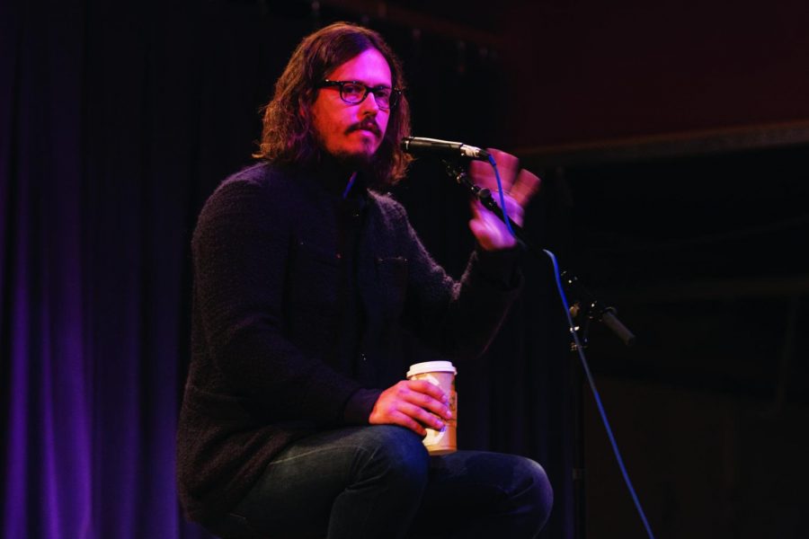John Paul White of The Civil Wars speaks to students and his former teachers in The MANE Room in the Department of Entertainment Industry. White was a student in the program when he attended UNA.
