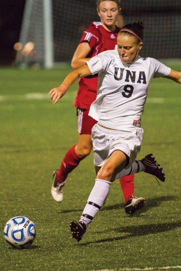 UNA forward Chloe Roberts goes after the ball during Sept. 28’s game against Christian Brothers University. The team will host its inaugural Pink Game Oct. 5 at 7 p.m. against Union on the UNA soccer field.
