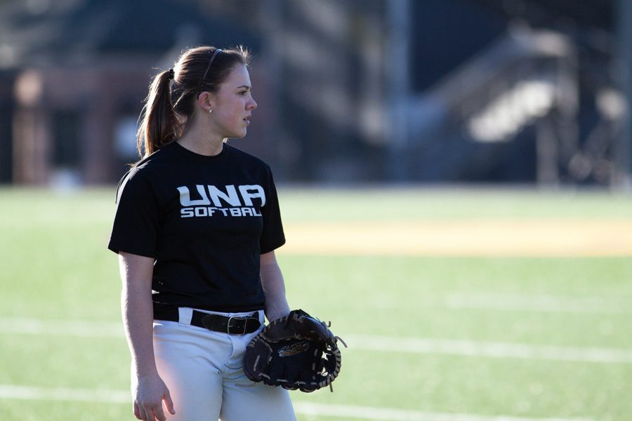 Freshman infielder Harlie Barkley participates in practice at the UNA softball field on Cox Creek Parkway in Florence Jan. 18.
