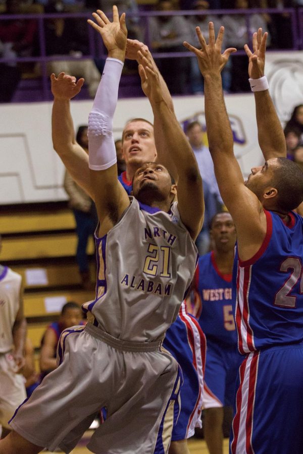 UNA forward DeAndre Hersey puts up a shot against West Georgia Feb. 28 at Flowers Hall.
