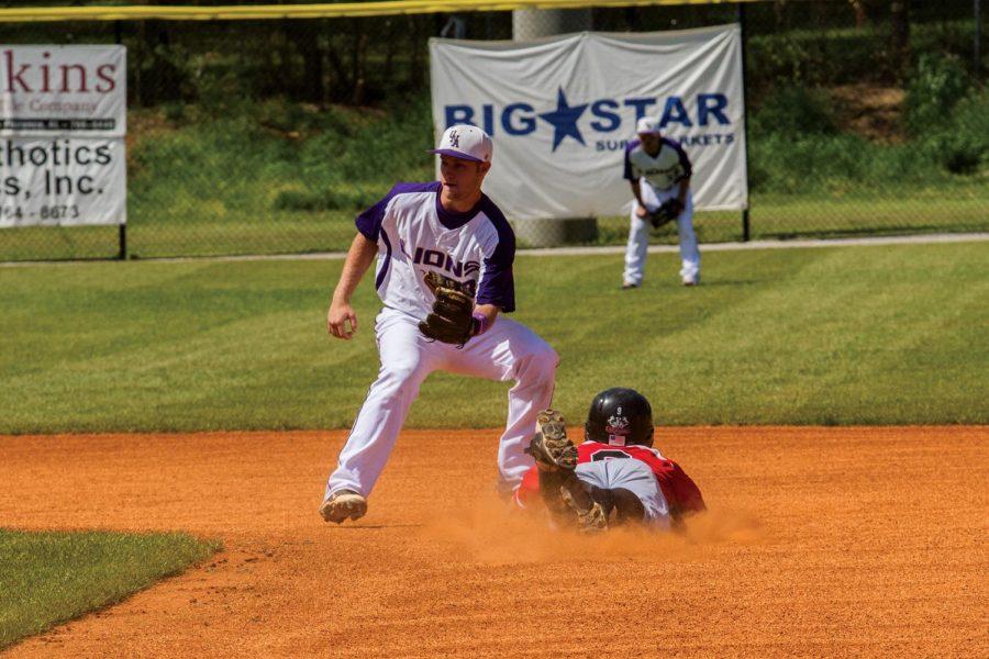 UNA shortstop Mathew Tittle waits for the ball while Valdosta State’s Hunter Thompson slides into second base during the April 13 home game.
