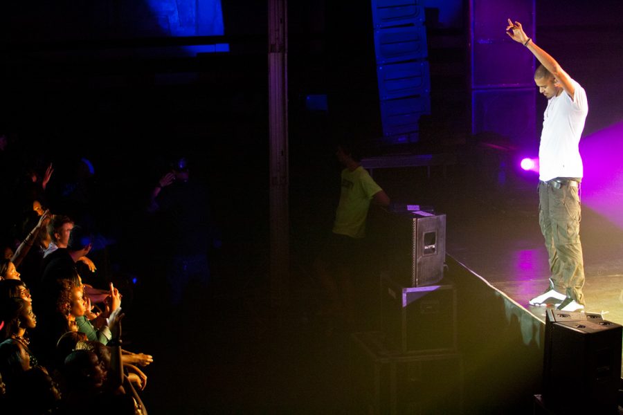 J. Cole performs at last year’s spring concert, hosted by UPC. Incoming Vice President of UPC Walter Hartley said complaints about last year’s single headliner show led UPC to seek a double headliner this year.
