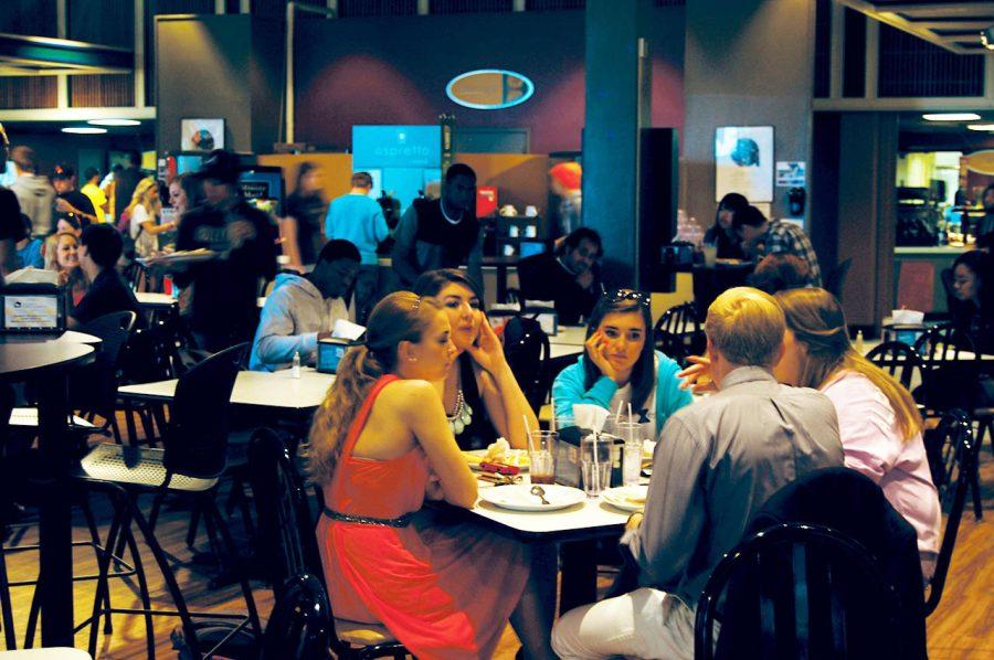 Students enjoy dinner in Towers Dining Hall. Towers is one of several on-campus dining options provided by Sodexo Dining Services.
