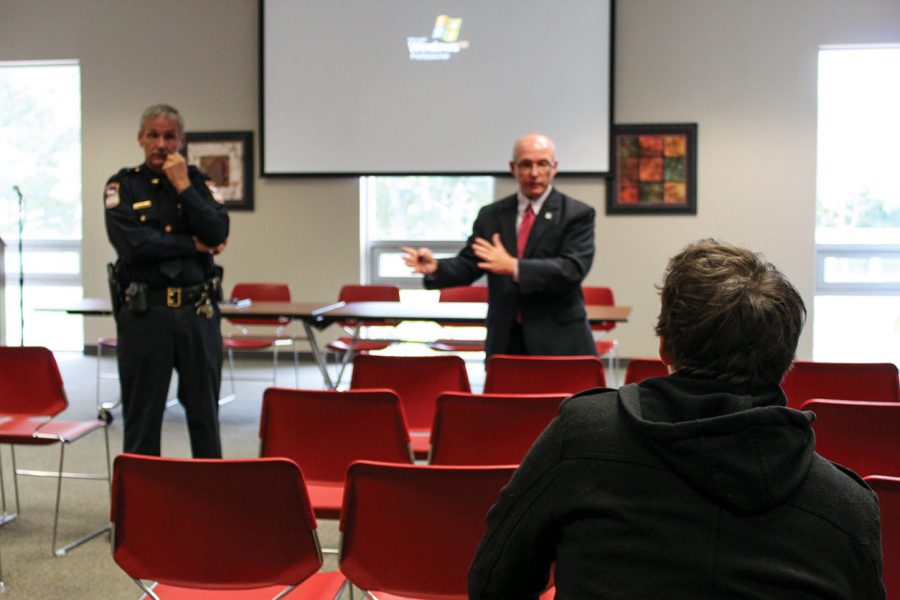 UNA Chief of Police Bob Pastula and Vice President of Student Affairs David Shields answer student questions at an open safety forum in October of 2012.
