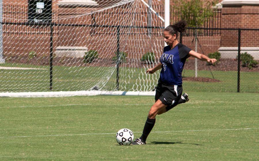 Melanie Leonida lines up a kick in the Sept. 9, 2012 soccer match at Alabama-Huntsville. Leonida is one of 13 players returning this season for the Lions.