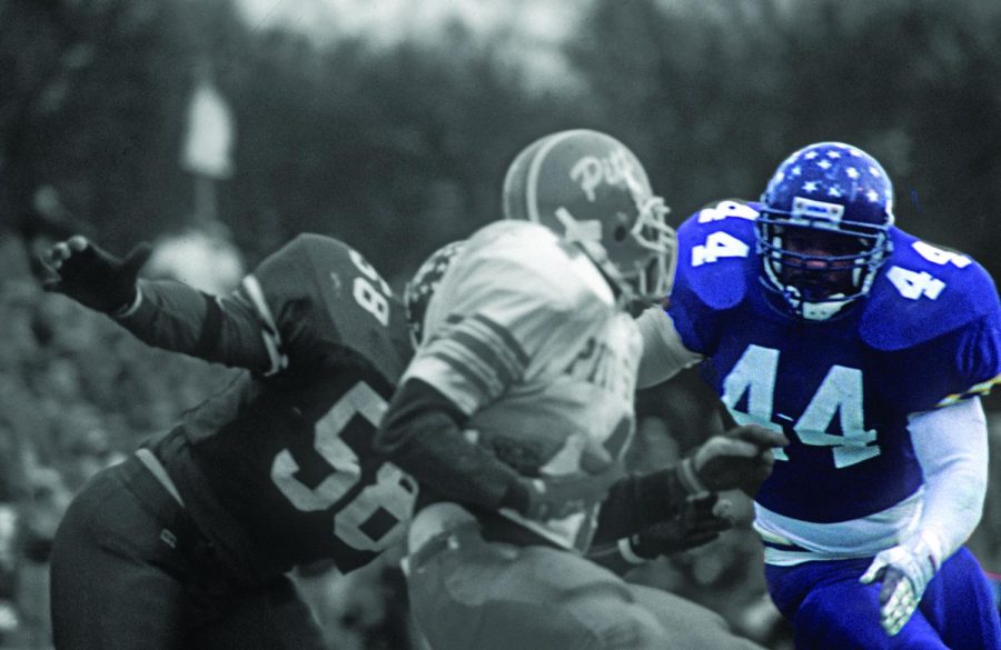 Ronald McKinnon (44) closes in on Pittsburgh State running back LeVone Madden in the 1995 NCAA Divsion II National Championship Game. McKinnon will return to UNA Sept. 5 as the linebacker coach for Miles College. 