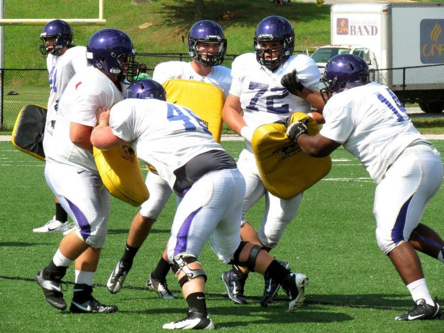 The UNA linemen practice on Aug. 22 for their first game against Miles on Sep. 5.