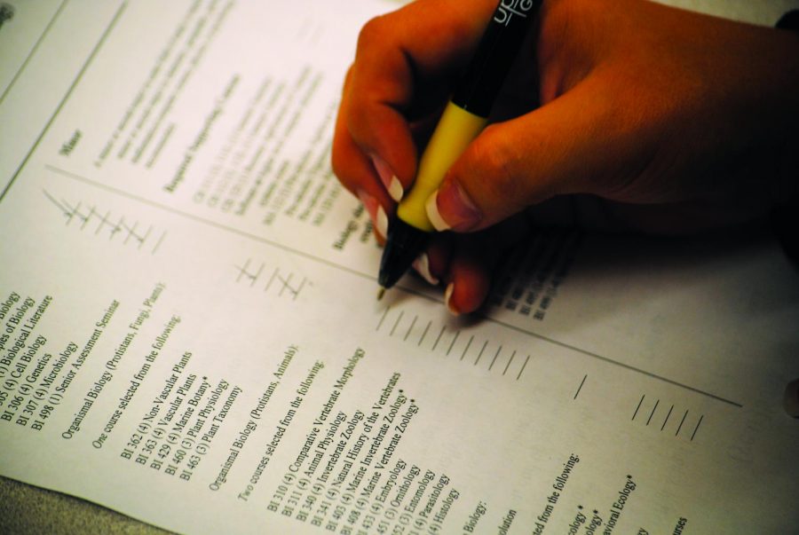 A student examines their course requirement sheet. The University Curriculum Committee approved a proposal that allows departments on campus to lower the credit hour requirement, starting with the 2014-2015 school year. 