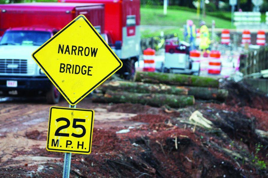 A speed limit sign remains at the site of the Hermitage Drive bridge, which is currently being rebuilt. With this section of Hermitage Drive closed, campus transportation and police have chosen new operational routes, Pastula said.
