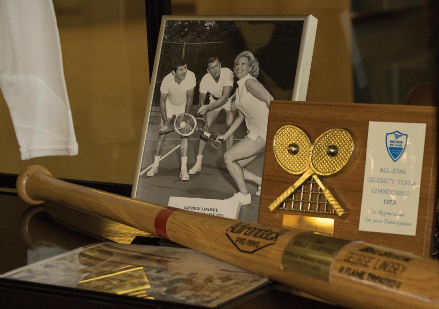 Awards from the All-Star Celebrity Tennis Championship in 1972 can be found in display cases in Collier Library.