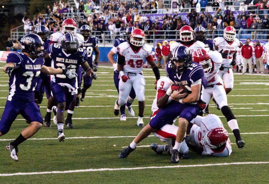 Luke Wingo scores the game-winning touchdown in overtime against the University of West Alabama.  UWA was leading 27-24 when Wingo successfully completed a quarterback sneak to bring the Lions to a 31-27 victory