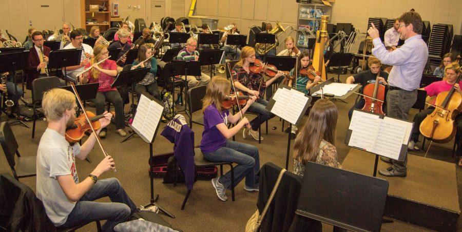 A mixture of students and Shoals residents, that make up the Shoals Symphony, practice under the direction of Viljar Weimann, symphony director, on Mon. 18. The symphonys Christmas concert is scheduled for Dec. 8 at 2 p.m. in Norton Auditorium.