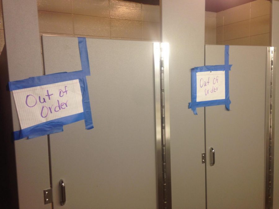 Two of the three stalls in the second-floor bathroom in Rivers Hall are out of order. Rivers resident Kaylee Thomas said students have not been able to use them for at least two or three weeks. Thomas said the only stall students have access to in the bathroom has a leaky pipe above the toilet.