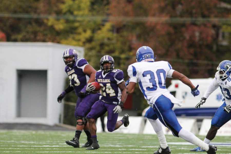 Junior running back Lamonte Thompson runs the ball against Shorter University Nov. 8. With a win over the University of West Alabama, the Lions can clinch a share of the GSC title for the second time in as many years.