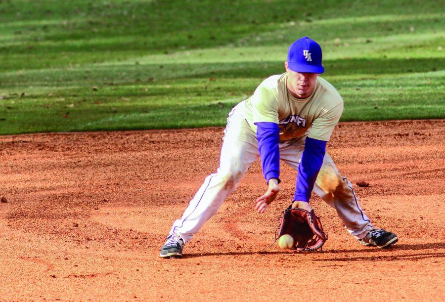 Senior shortstop Brett Guzay fields a ground ball during practice Jan. 21. UNA finished the 2014 season with a 26-27 record, the first losing season in 30 years. “Last year is last year,” said coach Mike Keehn. “We have new players, guys get older and it’s a whole new team.” The Lions open the season at Miles College Jan. 31.