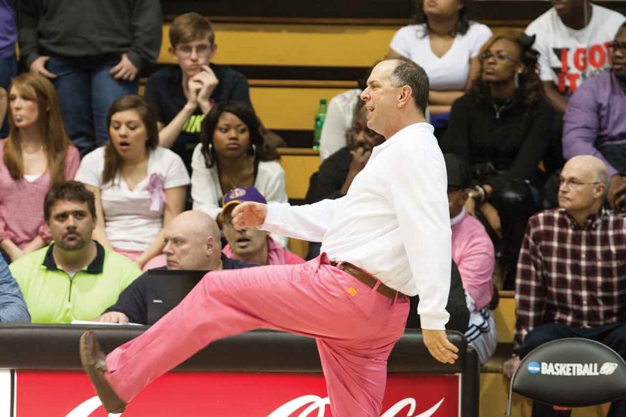 Men’s head basketball coach Bobby Champagne coaches his team during a game against Shorter University Feb. 3, 2014. Champagne is in his 12th season at UNA and has 195 career wins with the Lions.