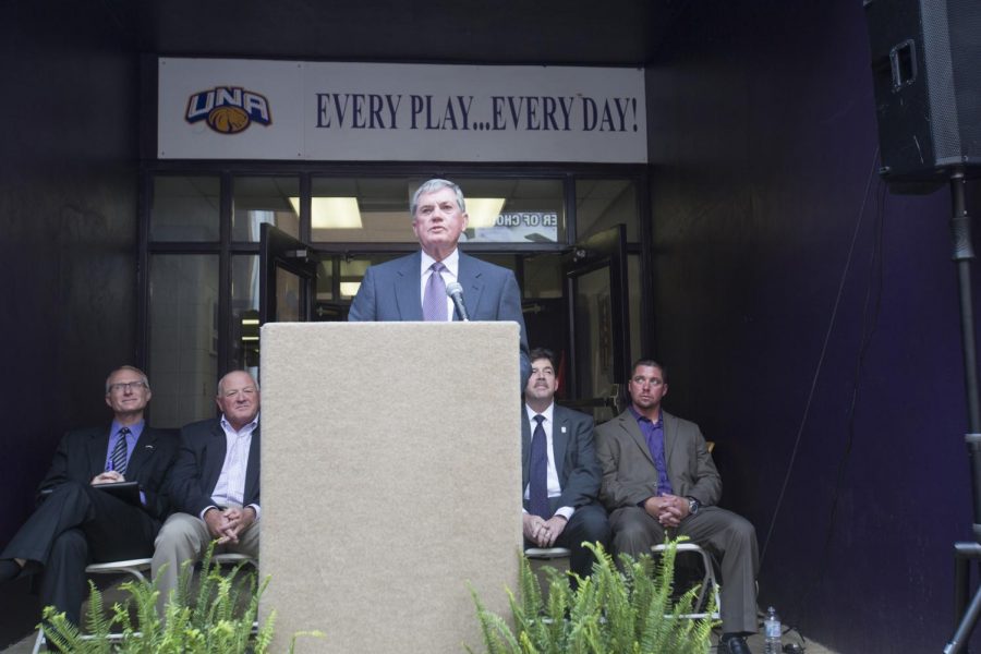 Former UNA head athletic trainer Johnny O. Long delivers his speech during a ceremony April 22 honoring his service at UNA. The athletic department named the training facility after him. Long spent 1971-1988 as the head athletic trainer for the Lions.
