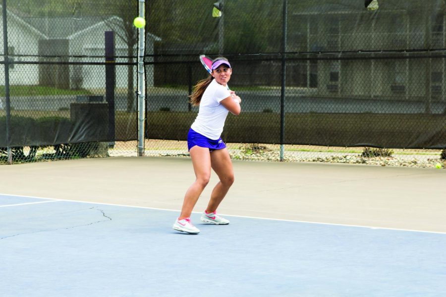 Freshman Natalia San Morena returns a serve against the University of Alabama-Huntsville April 3. The men’s and women’s tennis teams fell in the semifinals of the Gulf South Conference tournament April 18.