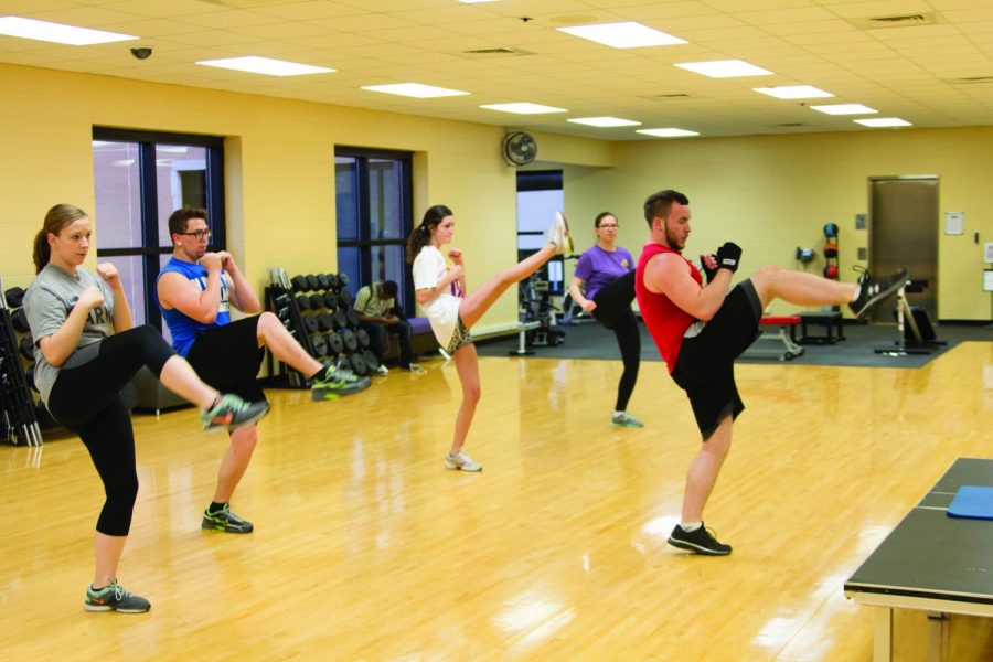 Students participate in the kickboxing class held on Mondays and Wednesdays from 6 to 6: 45 p.m. in the Student Recreation Center. The class teaches self-defense techniques and offers a cardio workout.