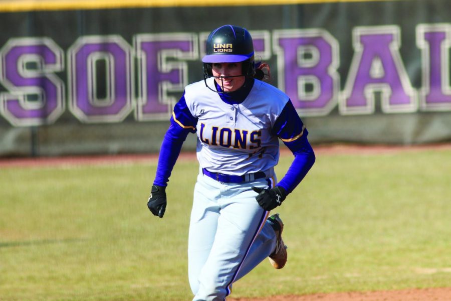 Sophomore catcher Carey Grace Peebles rounds second base against the University of West Alabama Feb. 28. UNA (31-8, 16-7) reached No. 9 in the nation April 8. The Lions are also third in the Gulf South Conference standings with six game left in the regular season.