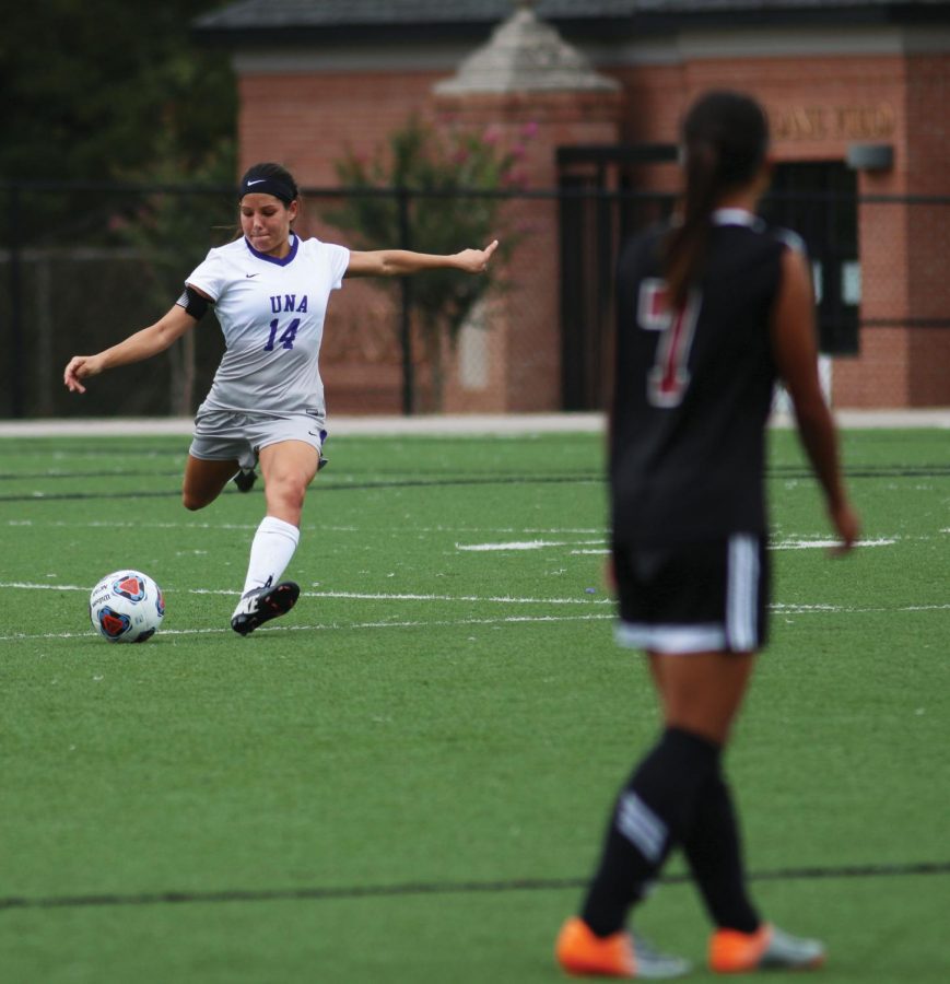 Junior defender Alyssa Bova rears back for a free kick against Cumberland Sept. 27. Bova and the Lions finished 8-0 at home this season and will host the Gulf South Conference tournament Nov. 6-8.