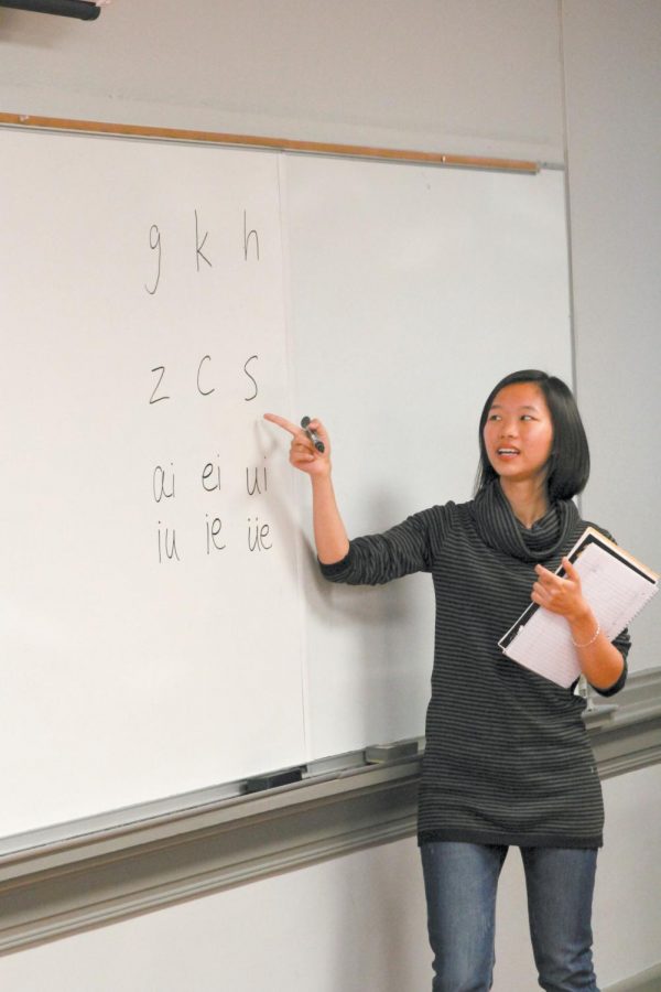 International student Adelina Gu teaches an Elementary Chinese class of six students. Gu is learning multiple languages while teaching her native language.