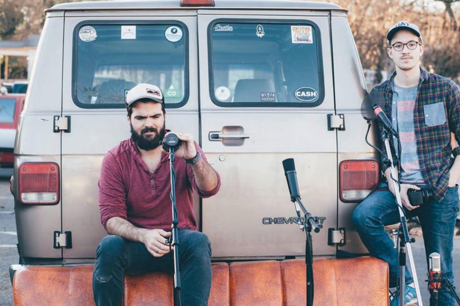 Payton Pruitt (left) and sophomore Noah Tidmore take a break from filming. The pair invite artists to perform their music in or around Pruitt’s van, The Bro, then offer a professionally-shot film for the artist to use as promotional material.