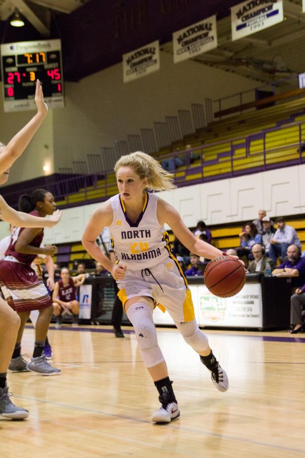 UNA freshman forward Katelyn Nunley drives the lane against Lee University Dec. 17 in Flowers Hall. The Lions (2-13, 1-7 Gulf South Conference) look to find success after a slow start hindered by injuries and a lack of depth.