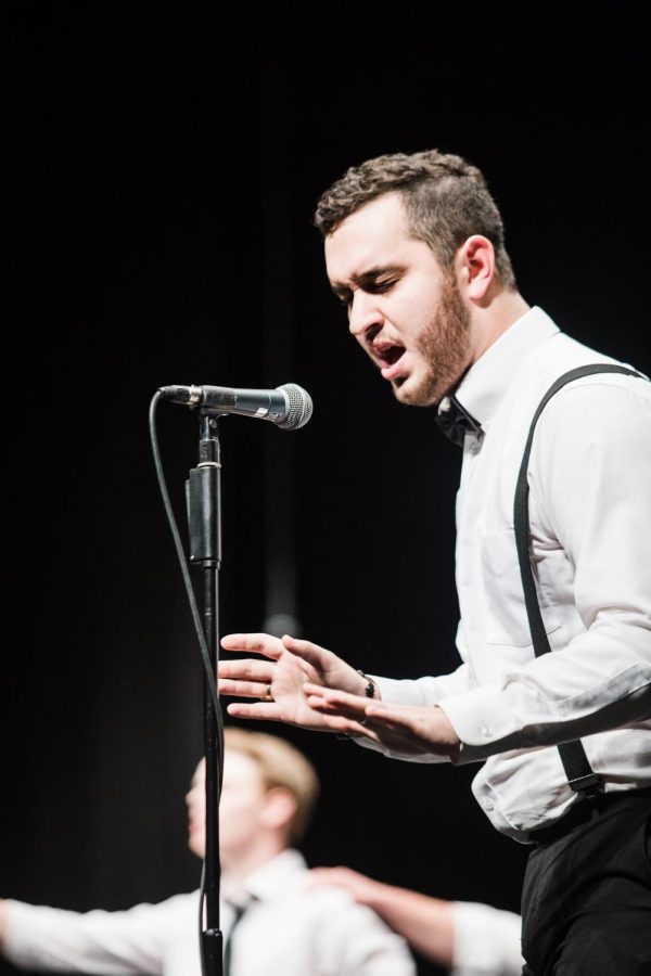 Alpha Tau Omega Step Sing Captain Brody Atkins performs the fraternity’s routine of Justin Timberlake hits called, “#JTΩ.” The group won first place overall for the third consecutive time at Step Sing.