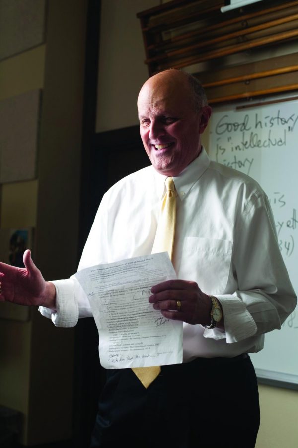 Late History Professor Lawrence “Larry” Nelson teaches a history class. Nelson died Jan. 14, 2014, from a brain tumor. The first in an annual series of lectures honoring him will be March 10 in the Department of Communications building room 131 at 7 p.m.