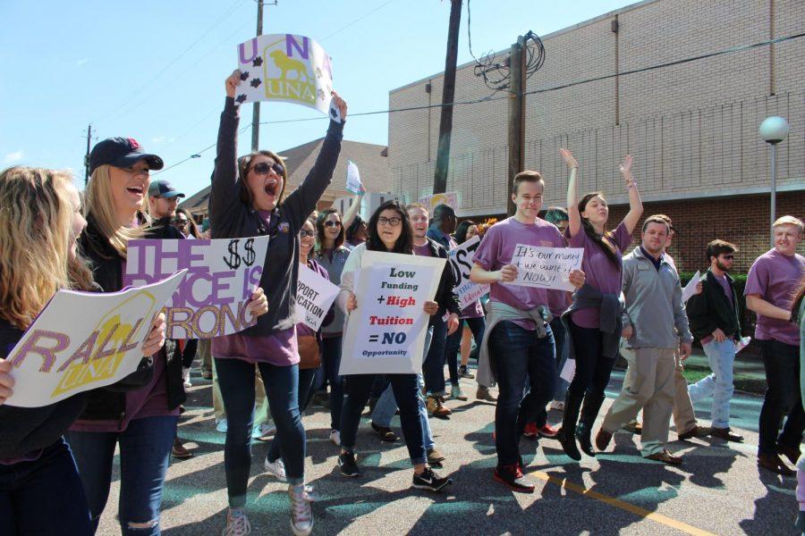 UNA students march to the statehouse for a Higher Education Day rally Feb. 25. Student Government Association President-elect Sarah Green said 48 students represented UNA at the event.