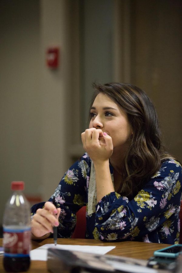 Student Government Association Secretary-elect Jessica McAlister listens during a Senate meeting March 17. “(McAlister) is always looking at the bright side of things, but she’ll tell you like it is if she needs to,” said Vice President of Senate Nicole Gallups in an email.