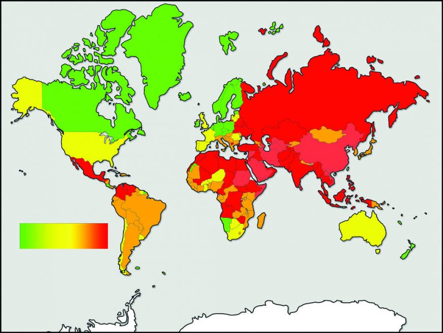 Countries in green have the least amount of restrictions placed on their freedom, and countries in the red have the most restrictions. The most free countries are Finland, Norway and Denmark. The least free countries are Turkmenistan, Democratic Peoples Republic of Korea and Eritrea.