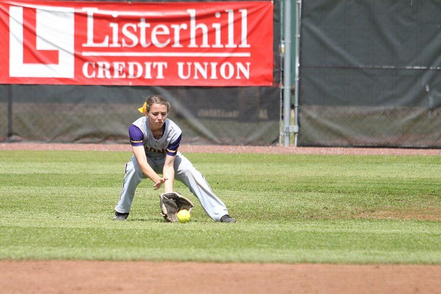 Freshman right fielder Destiny Wright fields a ground ball during the series finale against Mississippi College April 10 at the UNA Softball Complex. The Lions have won 23 of their last 24 games and hold the No. 6 ranking in the national poll.