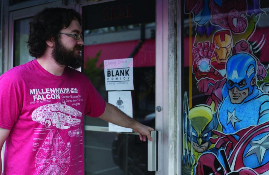 Jeremy Cole, co-owner of Blank Coffee, Comics and Records, enters the shop in Seven Points. Cole and other co-owners, UNA alumni Corey Mauter and Patrick McDonald, plan to fill the spot Pegasus Records leaves with its closing April 16.