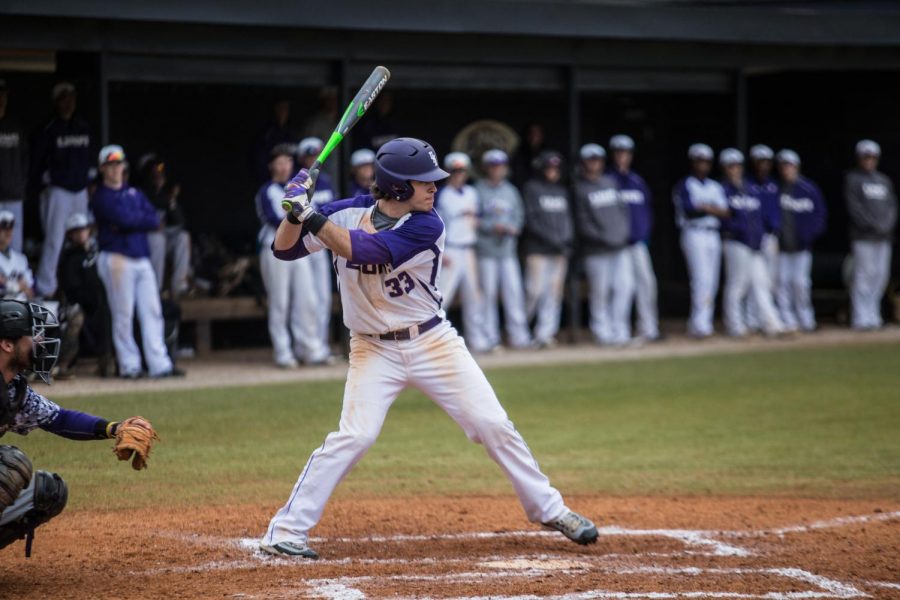Former UNA catcher Kevin Hall prepares to swing against Miles College Feb. 6. Hall, a former first team All-Gulf South Conference selection, signed a free-agent contract with the New York Mets last week.