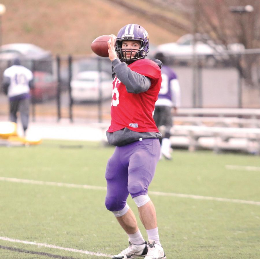 Jacob Tucker (16) gearing up for a pass during spring training. Tucker will receive his first test when UNA travels to rival Jacksonville State on Sept. 1.