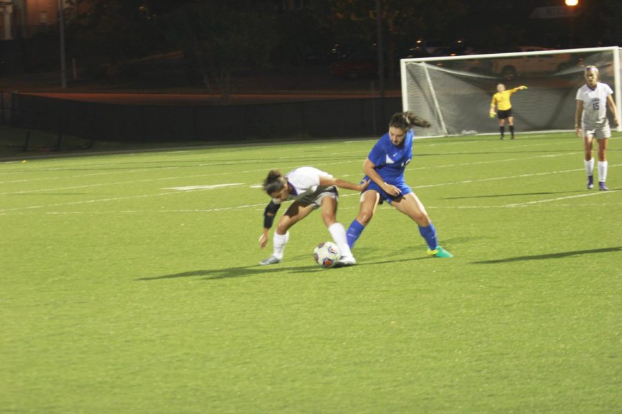 Junior midfielder Beatriz Fernandes competes for a 50/50 ball during UNAs contest with Alabama-Huntsville Sept. 21. UNA won 2-1, earning its first home conference win of 2016.